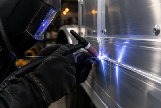 Gloved hands TIG welding a seam on a brushed aluminum trailer panel