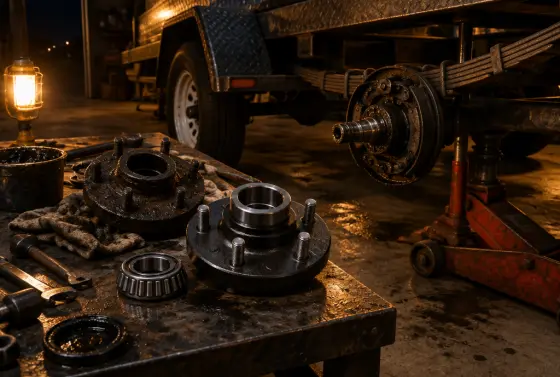 Trailer hub, bearings and leaf spring axle laid out for repair under a work light