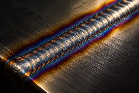 Close up of a stacked weld bead with gold and blue heat tint on steel plate