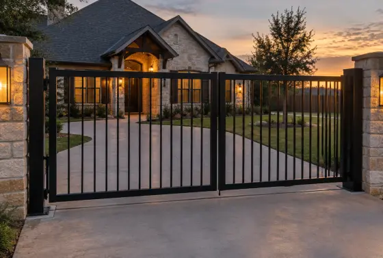 A black steel driveway gate with vertical bars in front of a stone house at dusk