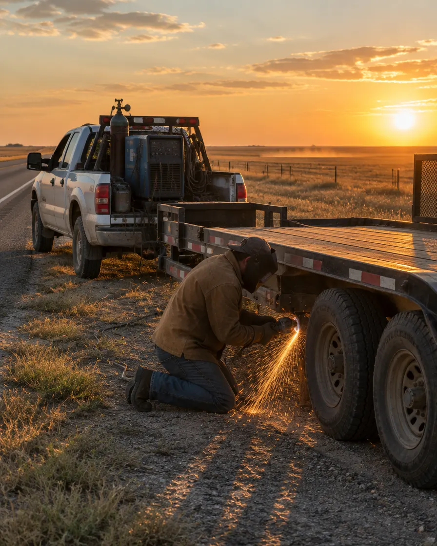A welder kneels at a flatbed trailer axle on a Texas highway shoulder at sunset, sparks flying, with a welding rig truck parked behind